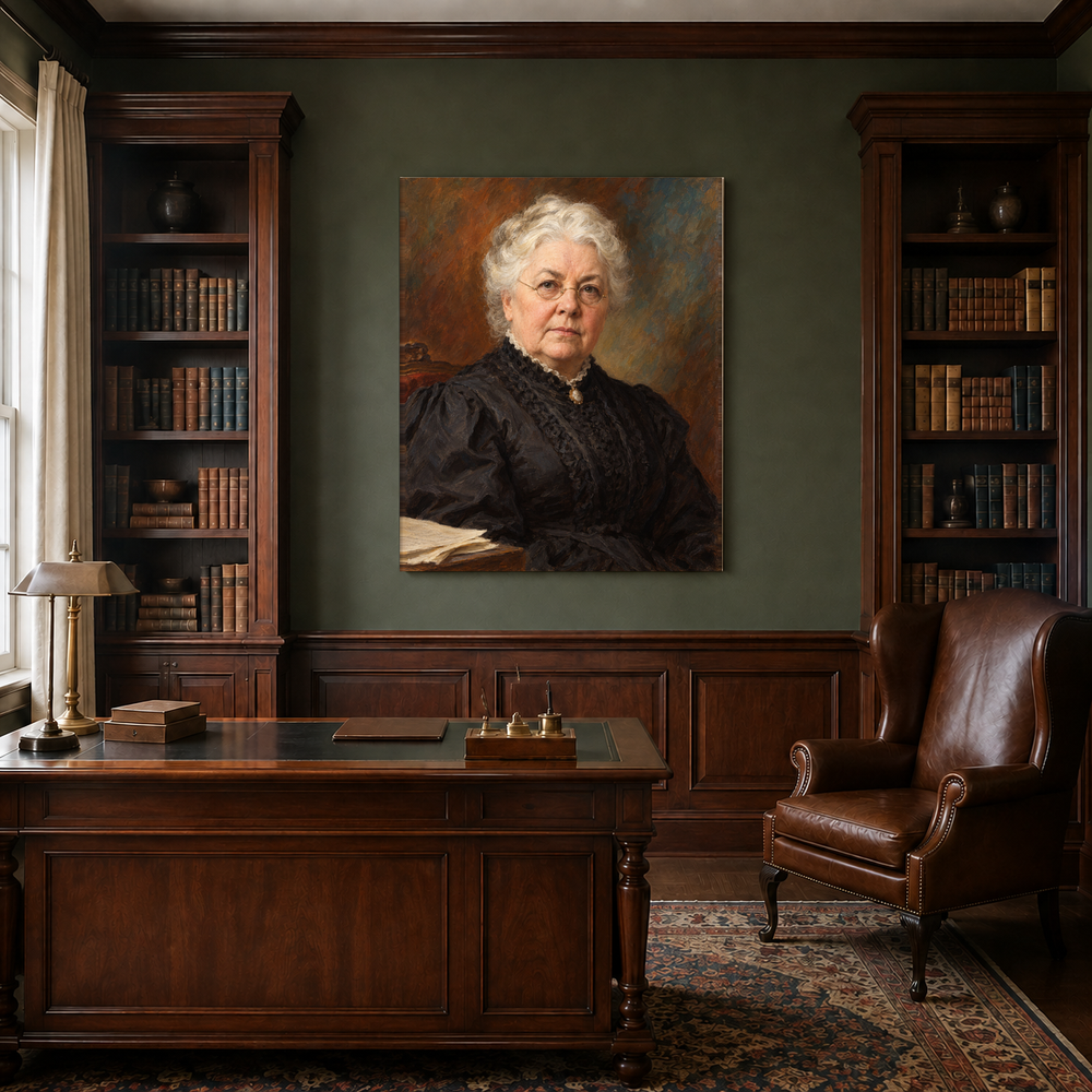 Elizabeth Cady Stanton oil portrait in a traditional study