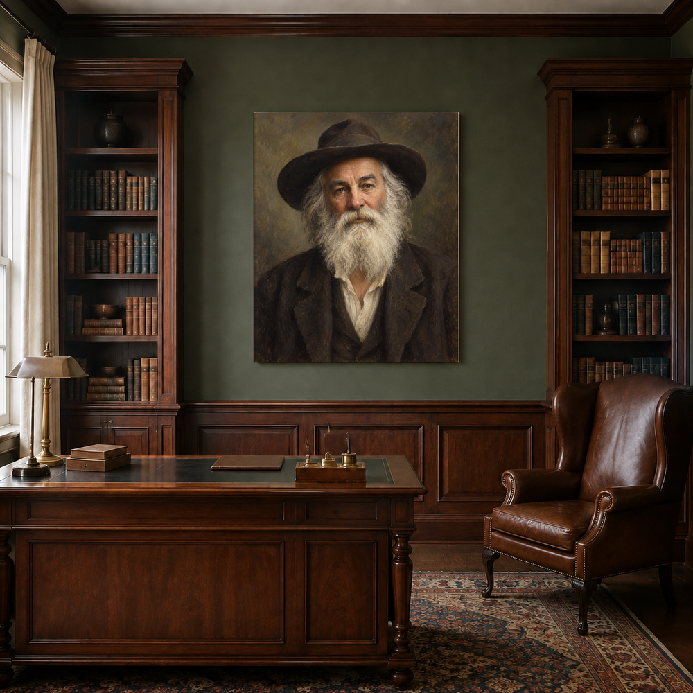 Walt Whitman oil portrait in a traditional study