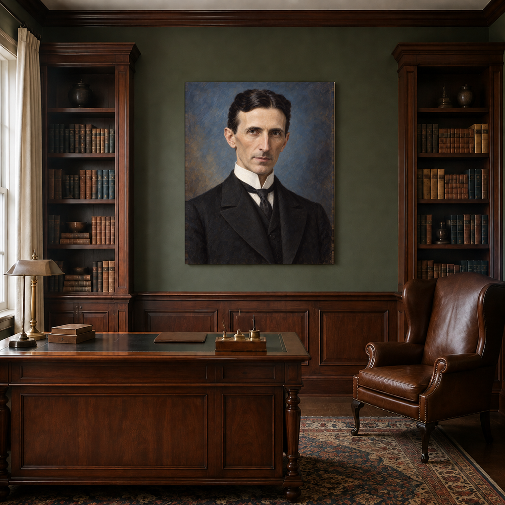 Nikola Tesla oil portrait in a traditional study