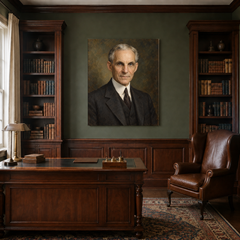 Henry Ford oil portrait in a traditional study