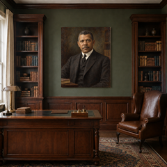 Booker T. Washington oil portrait in a traditional study