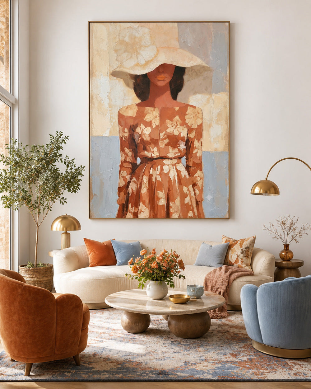 Elegant Female Portrait Painting With Floral Dress And Wide Brimmed Hat For Living Room Decor
