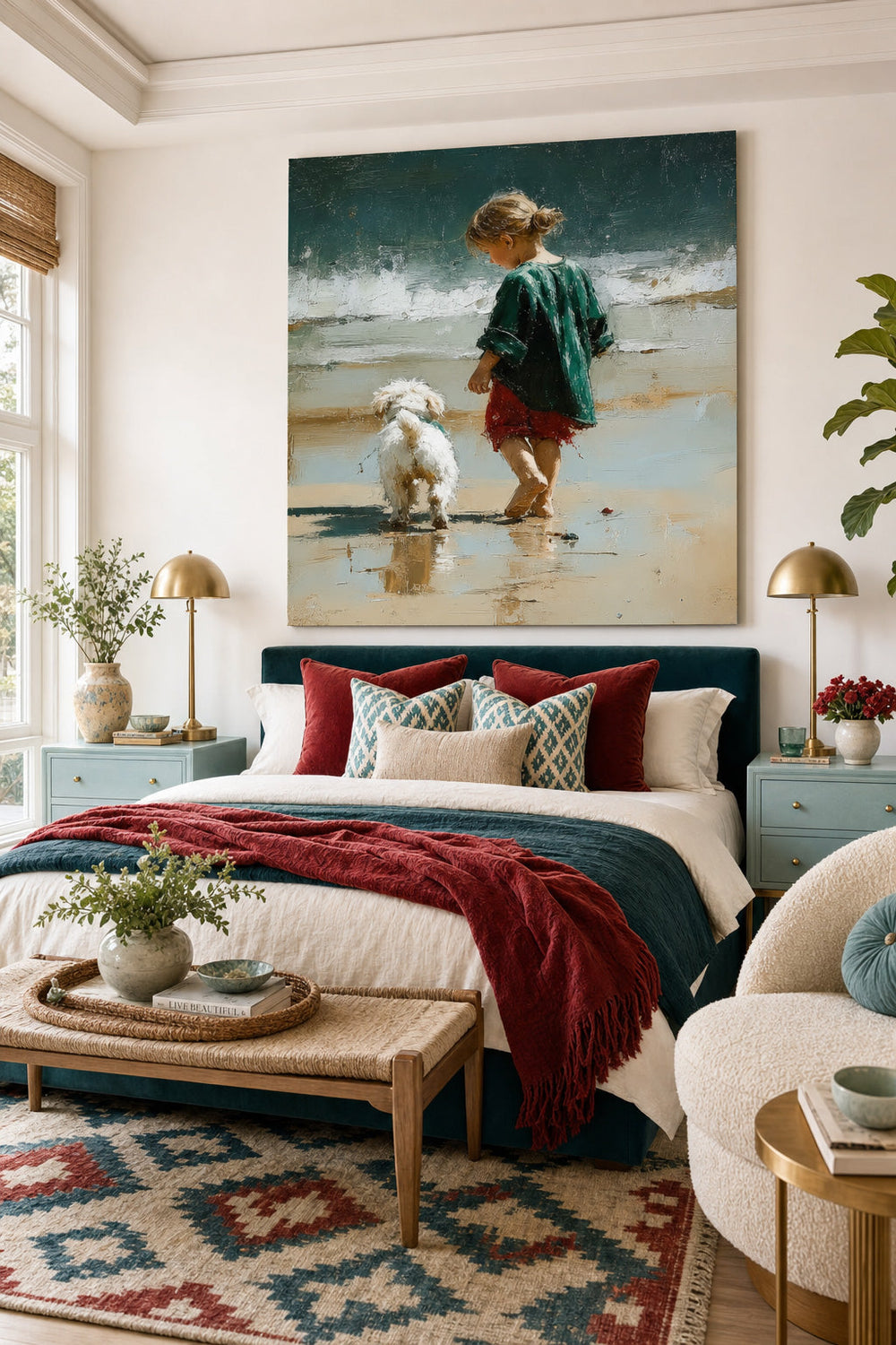 Textured Impressionist Beach Scene With Child And Pet Square Wall Art