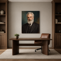 Alexander Graham Bell oil portrait in a refined home office