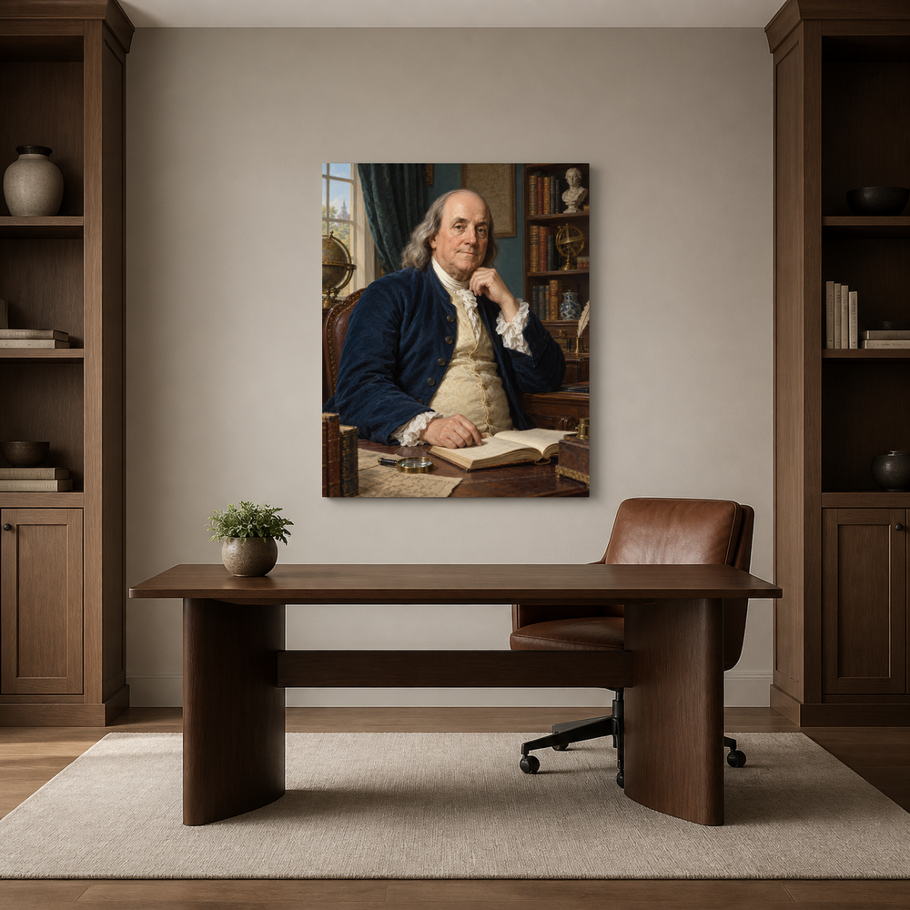 Benjamin Franklin oil portrait in a refined home office