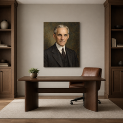 Henry Ford oil portrait in a refined home office