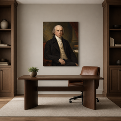 James Madison oil portrait in a refined home office