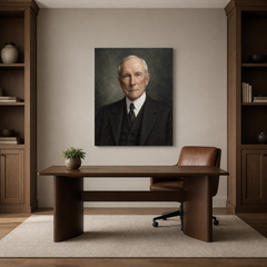 John D. Rockefeller oil portrait in a refined home office