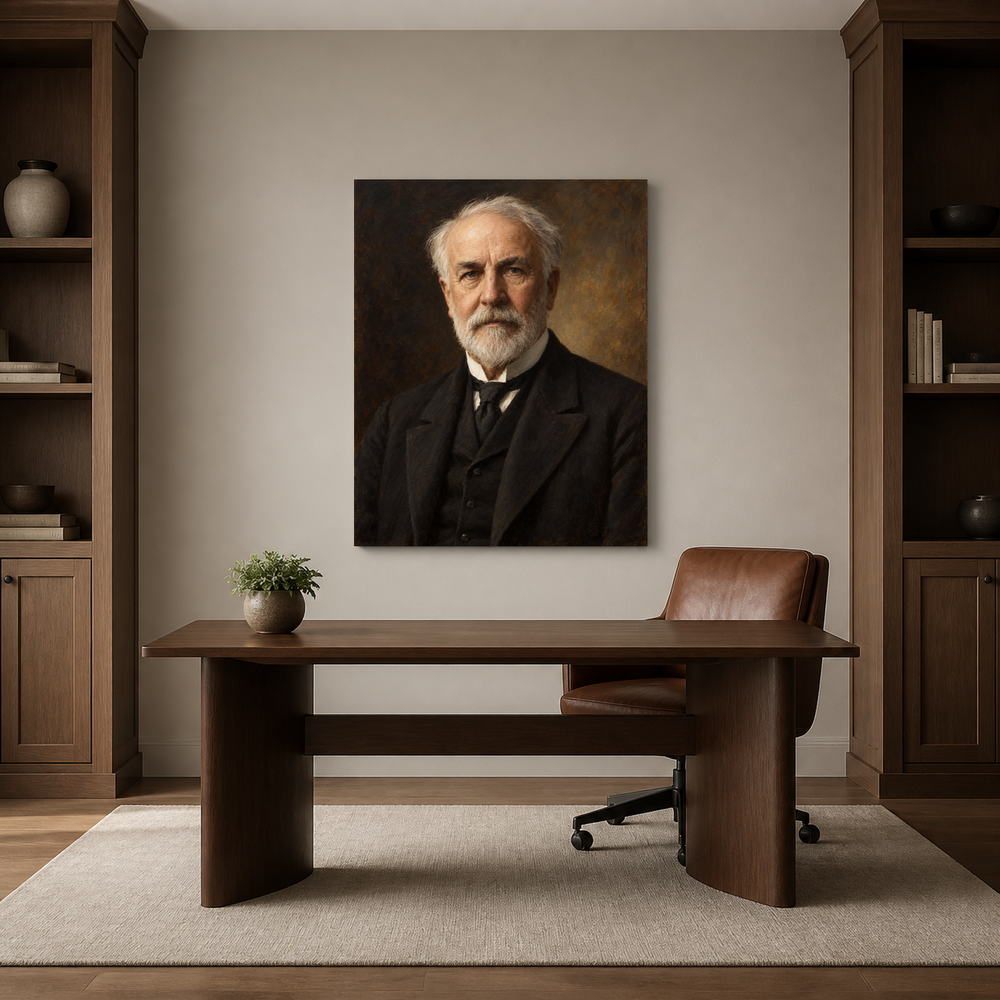 Thomas Edison oil portrait in a refined home office