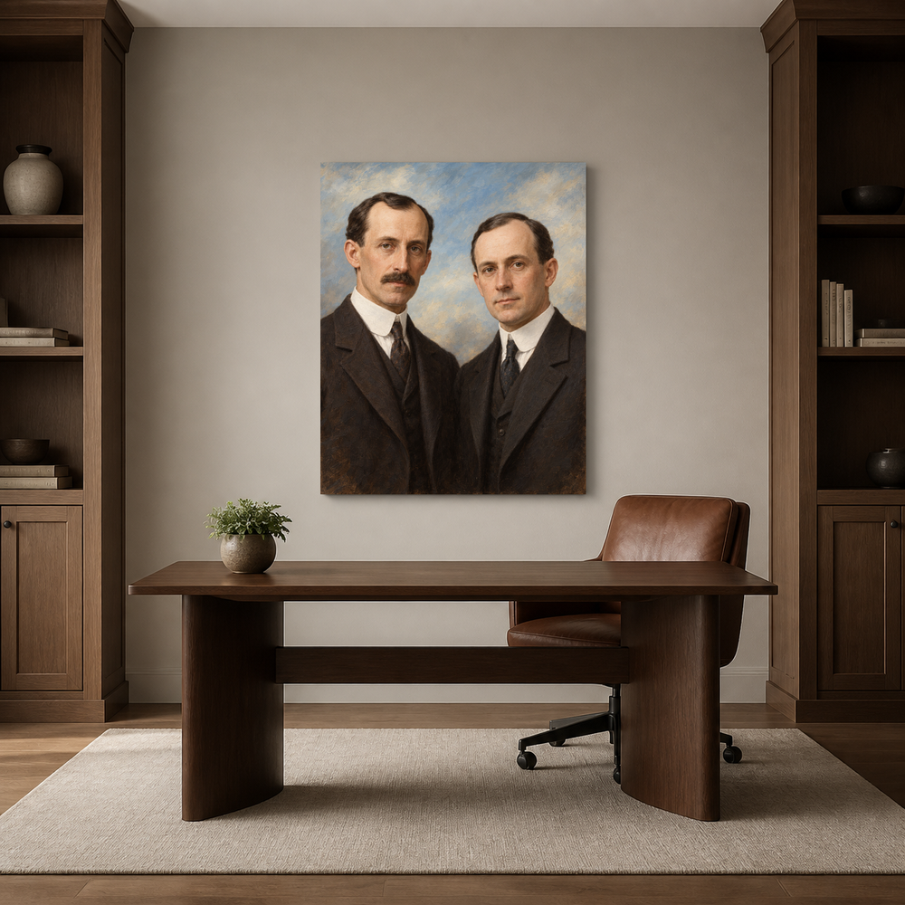 Wilbur and Orville Wright oil portrait in a refined home office