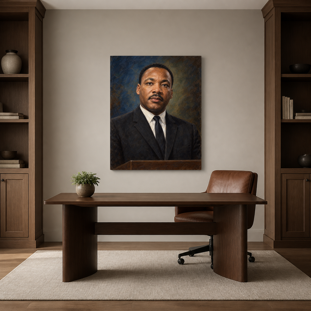 Martin Luther King Jr. oil portrait in a refined home office