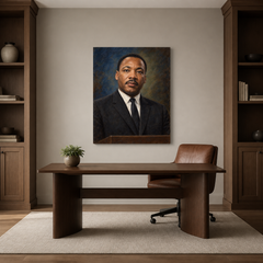 Martin Luther King Jr. oil portrait in a refined home office