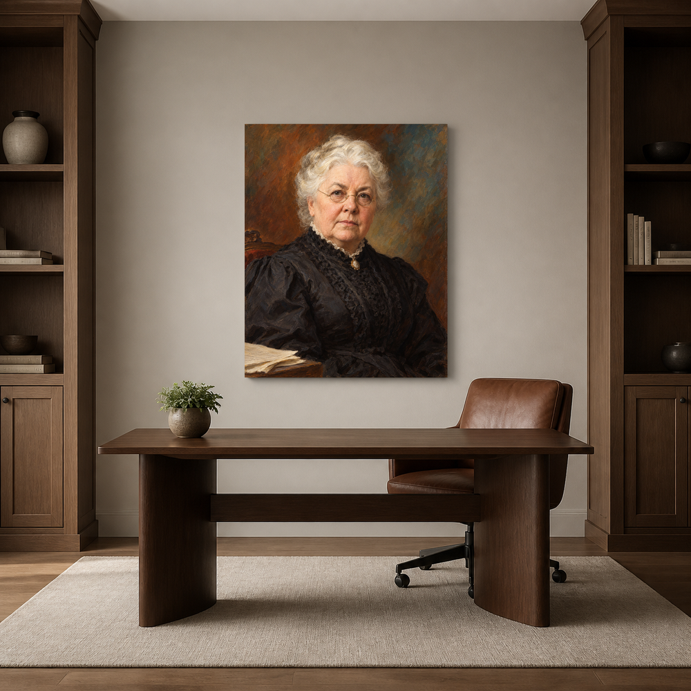 Elizabeth Cady Stanton oil portrait in a refined home office
