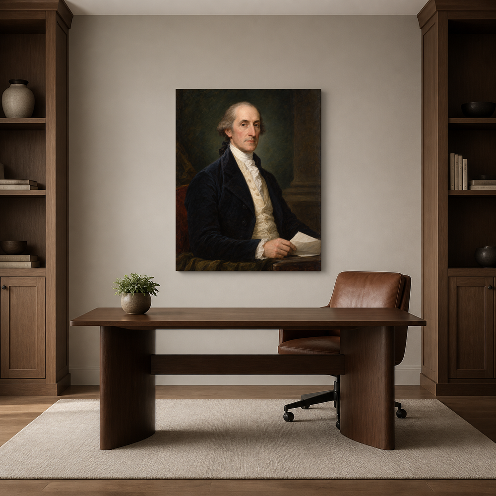 John Jay oil portrait in a refined home office