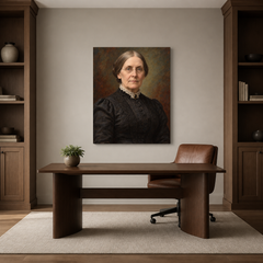 Susan B. Anthony oil portrait in a refined home office