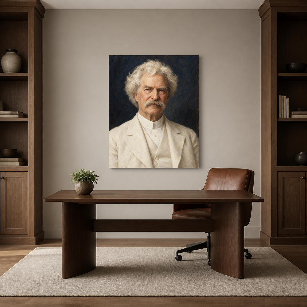 Mark Twain oil portrait in a refined home office
