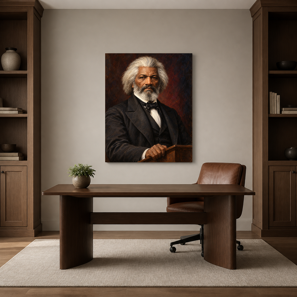 Frederick Douglass oil portrait in a refined home office