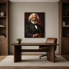 Frederick Douglass oil portrait in a refined home office