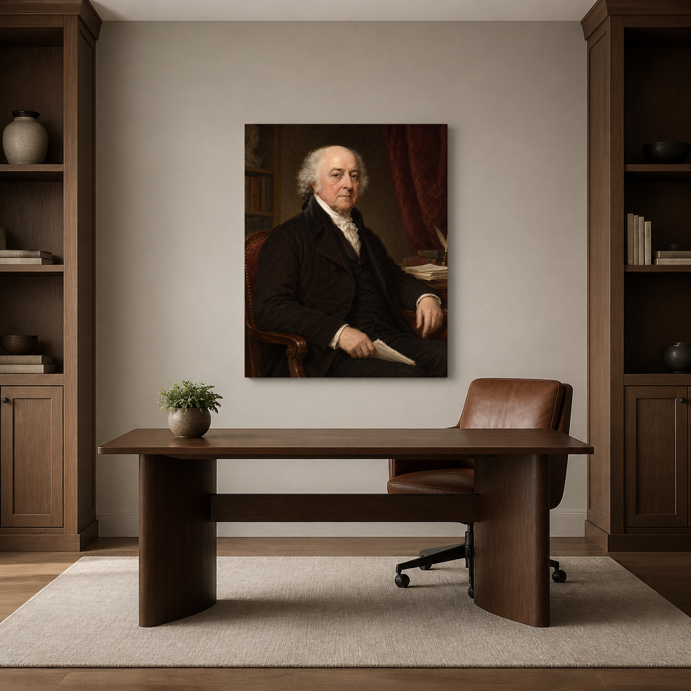 John Adams oil portrait in a refined home office