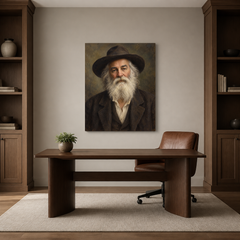 Walt Whitman oil portrait in a refined home office