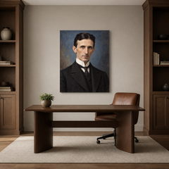 Nikola Tesla oil portrait in a refined home office