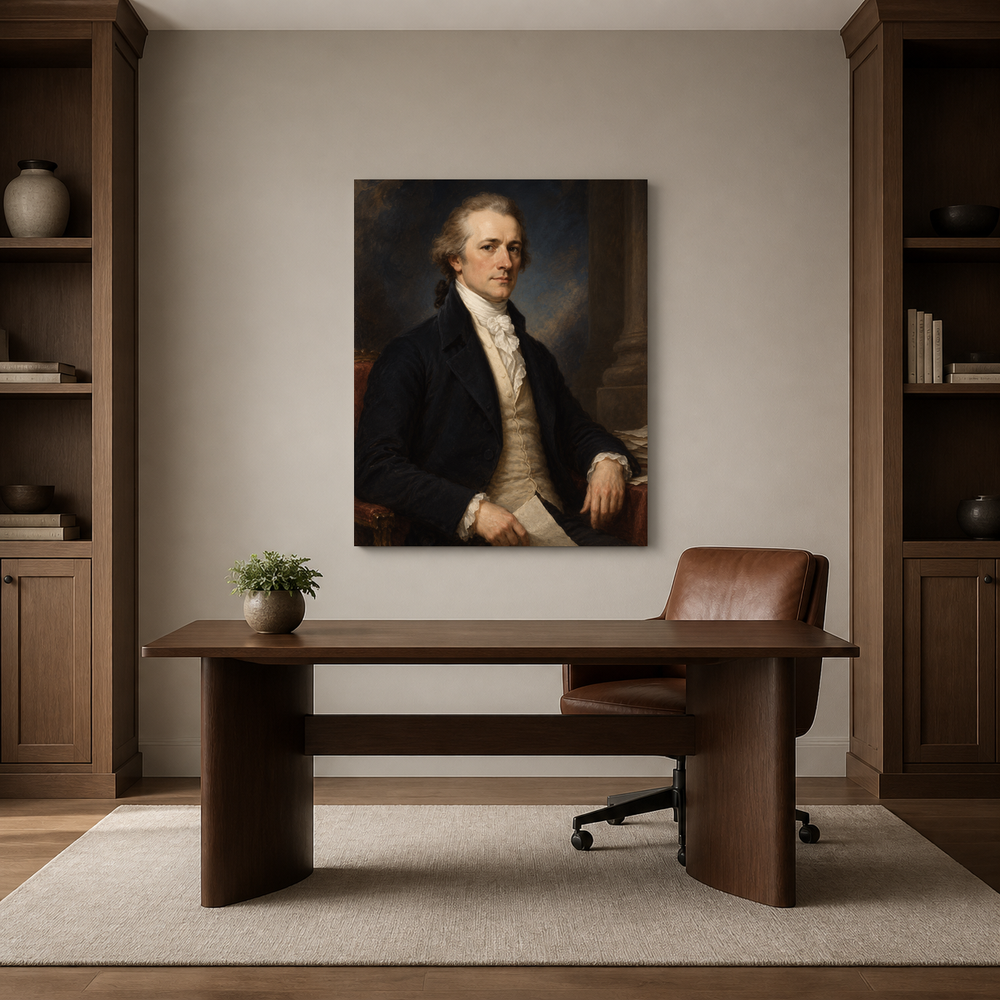 Alexander Hamilton oil portrait in a refined home office