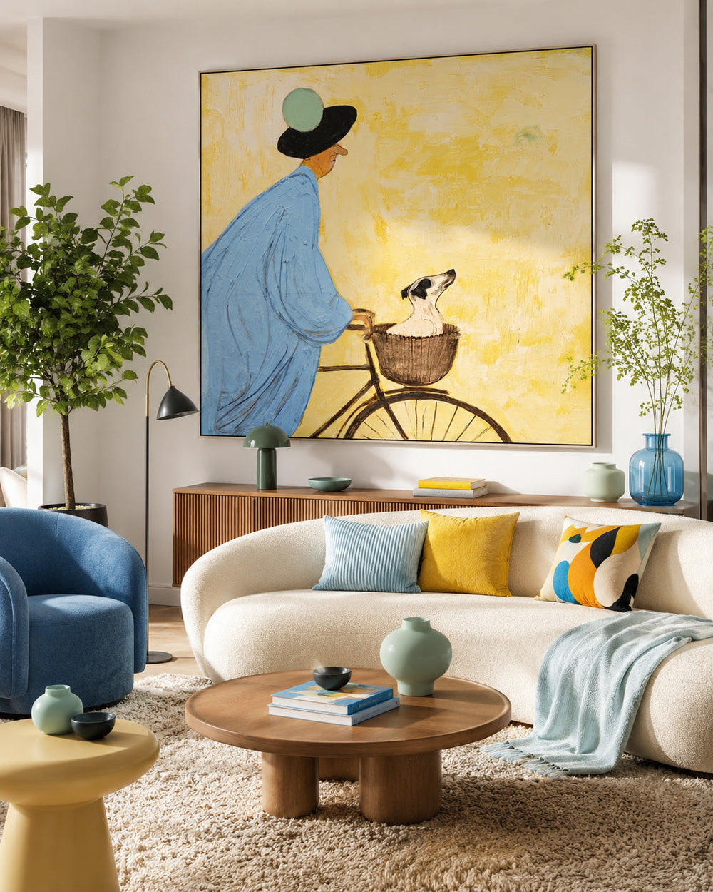 Whimsical Blue And Yellow Dog Painting With Figure On Bike For Modern Home Decor