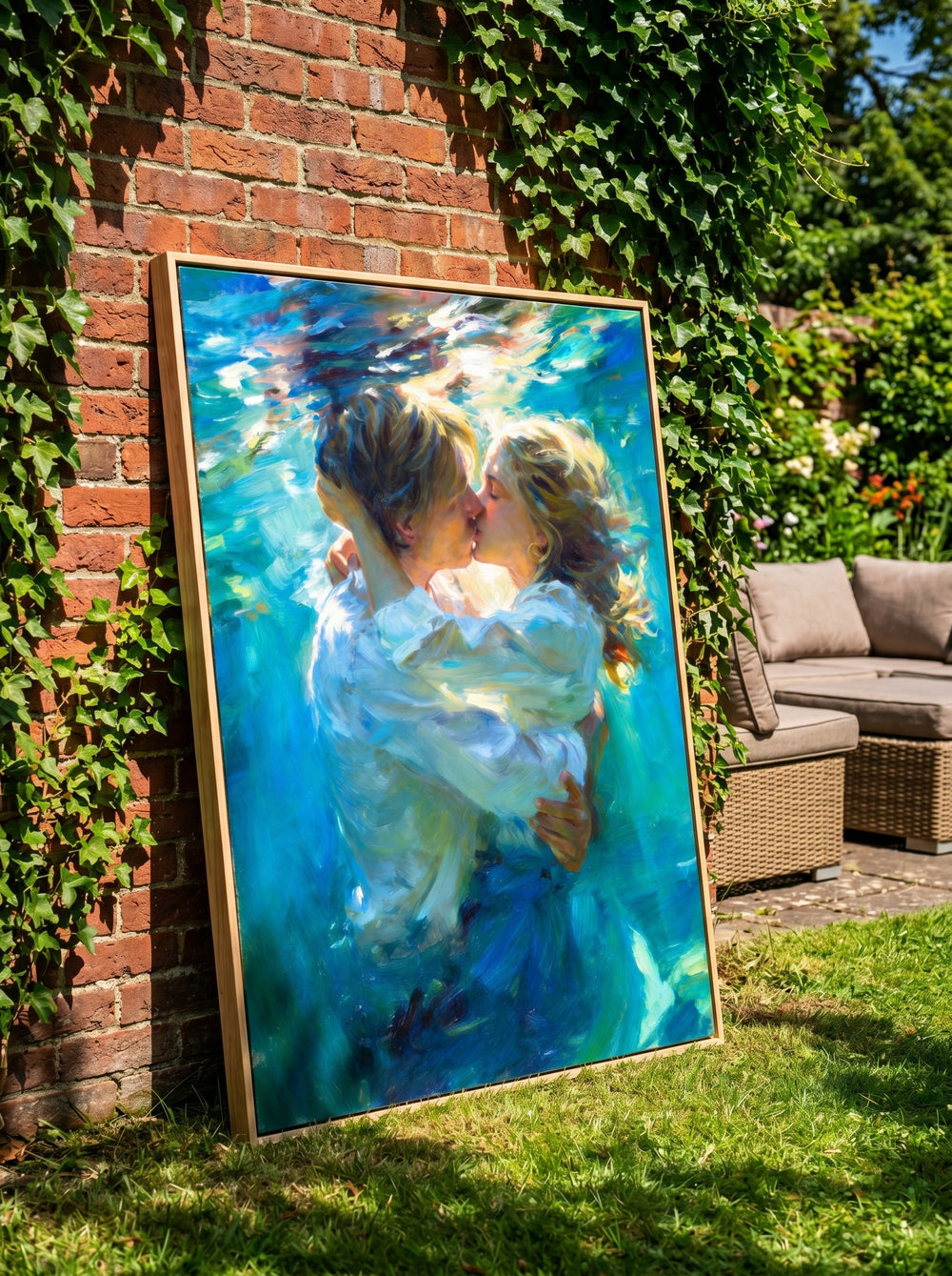 Impressionist Original Oil Painting Of Couple Kissing Underwater In Blue Tones For Bedroom Decor