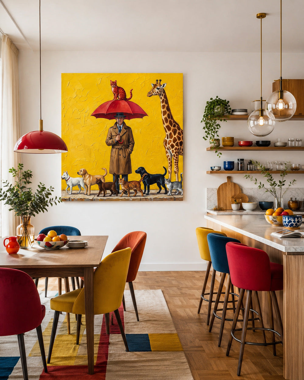 Surreal Man With Animals Painting Yellow Background Square Canvas Art For Living Room Decor