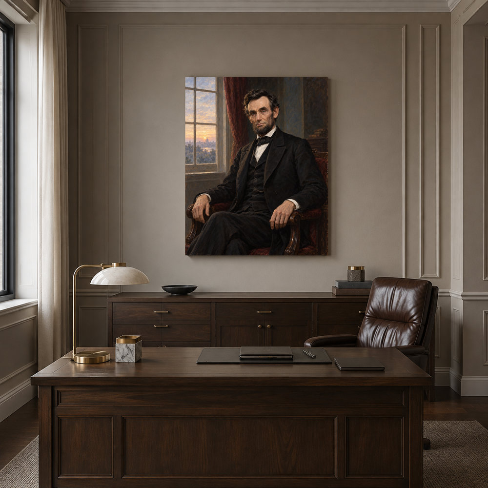 Abraham Lincoln oil portrait in a formal executive office