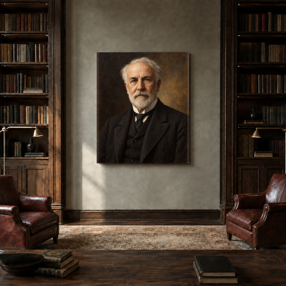 Thomas Edison oil portrait in a private library