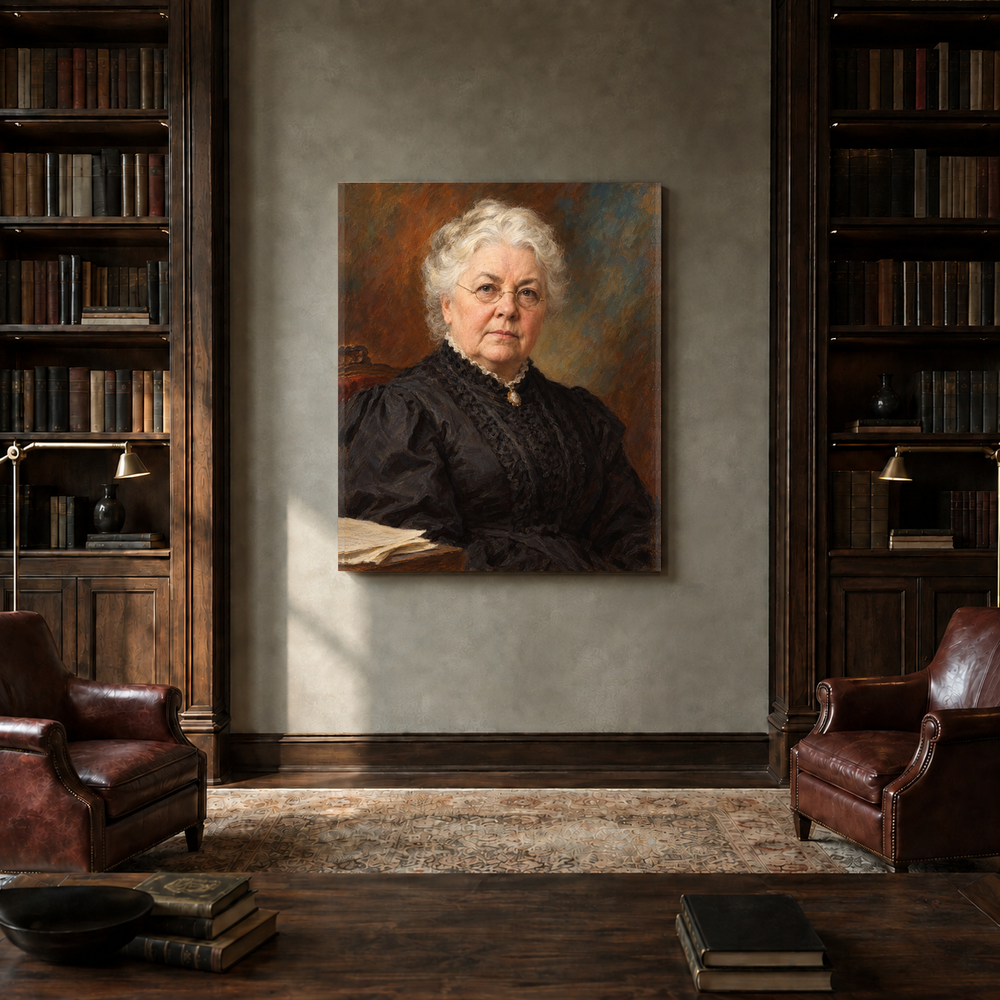 Elizabeth Cady Stanton oil portrait in a private library