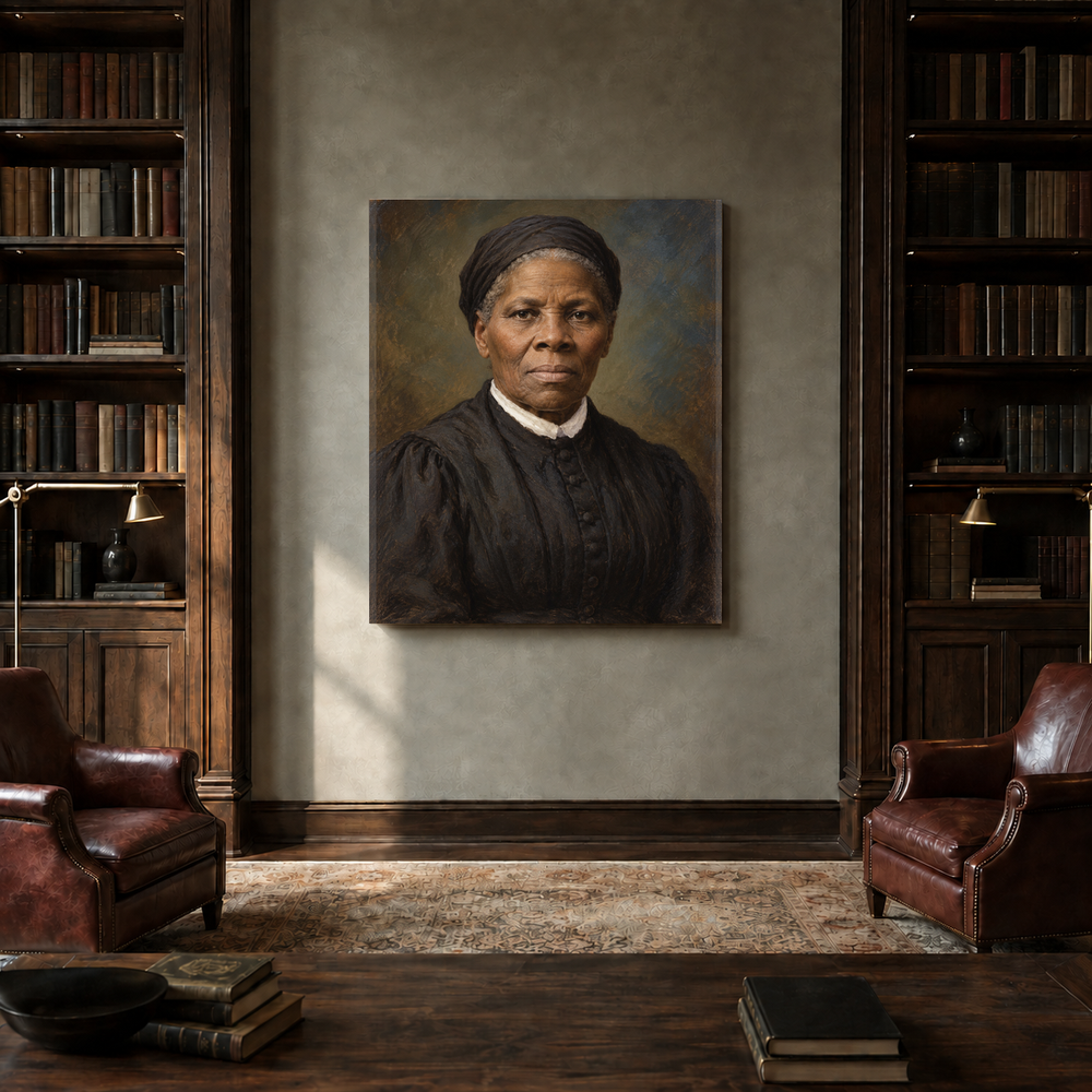 Harriet Tubman oil portrait in a private library