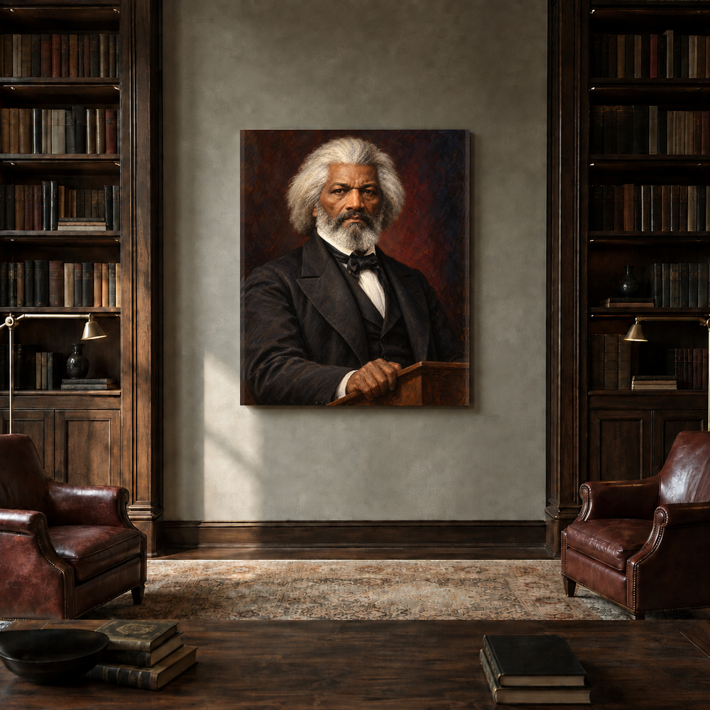 Frederick Douglass oil portrait in a private library