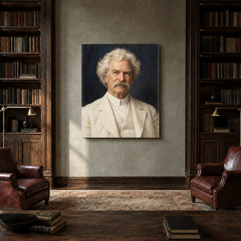 Mark Twain oil portrait in a private library