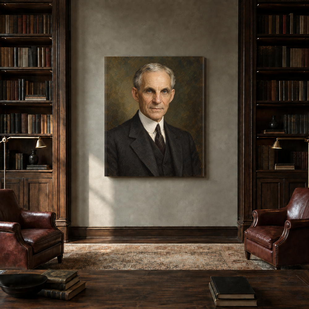 Henry Ford oil portrait in a private library