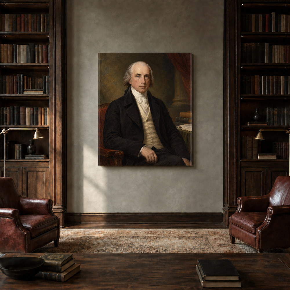 James Madison oil portrait in a private library