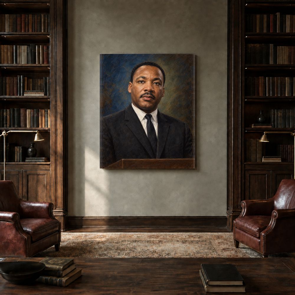 Martin Luther King Jr. oil portrait in a private library