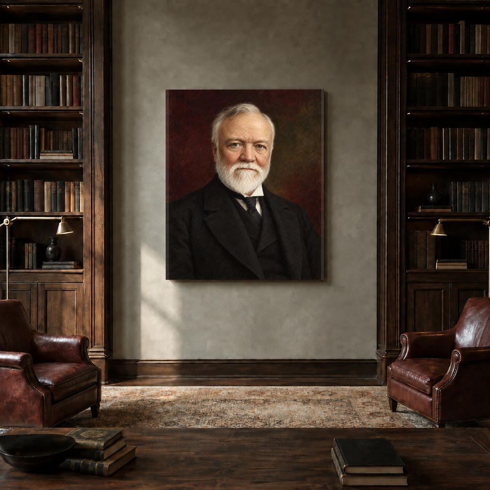 Andrew Carnegie oil portrait in a private library