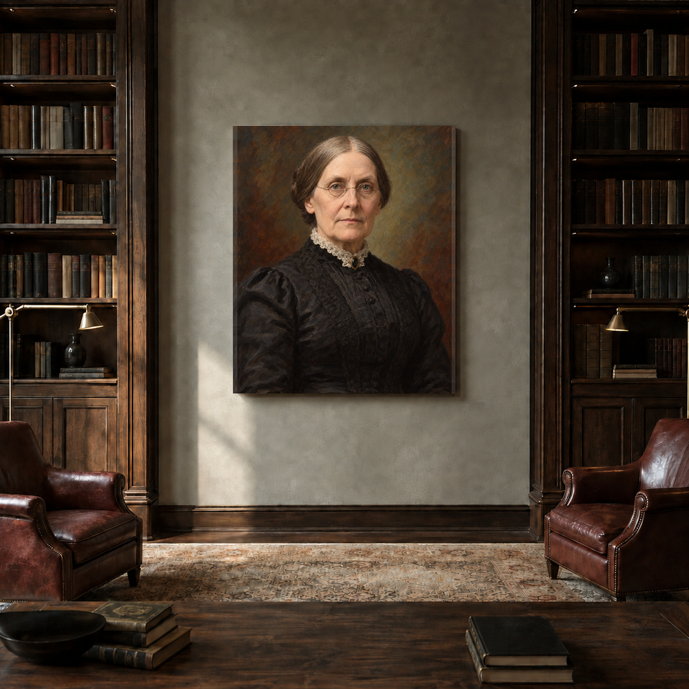 Susan B. Anthony oil portrait in a private library