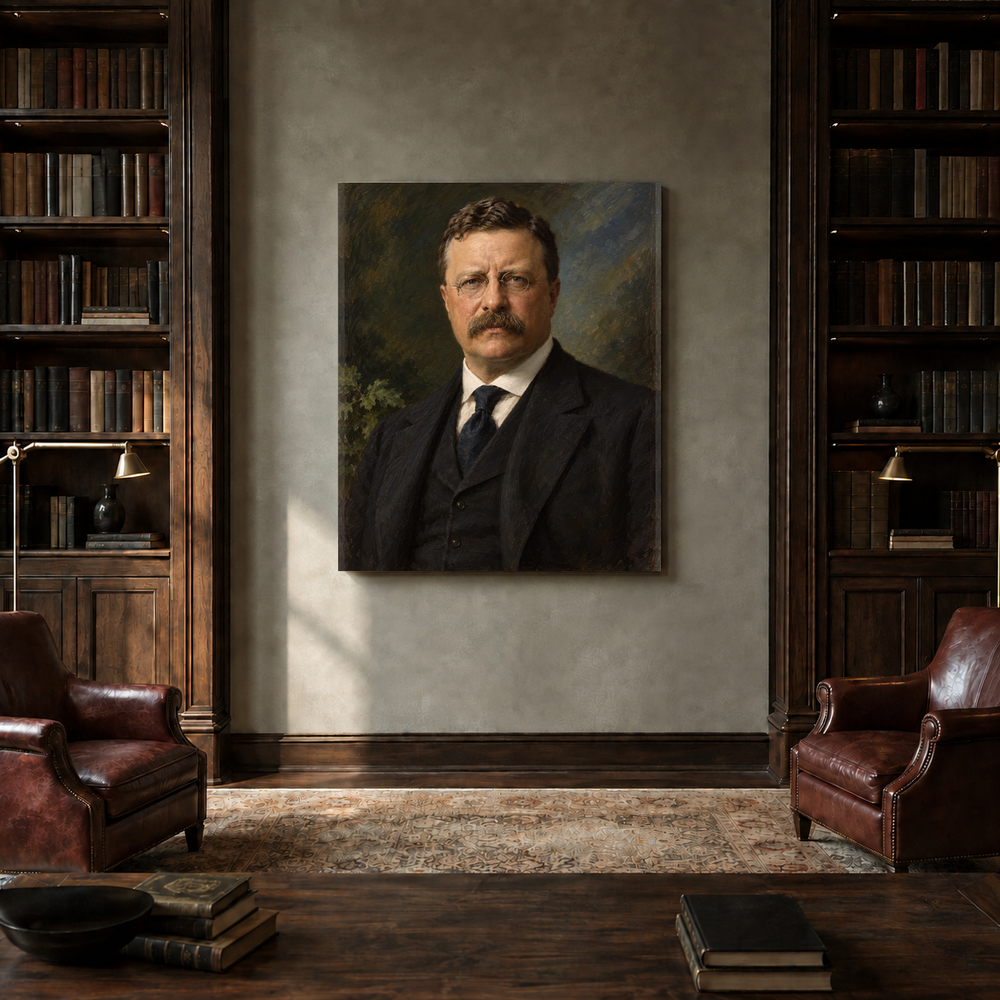 Theodore Roosevelt oil portrait in a private library