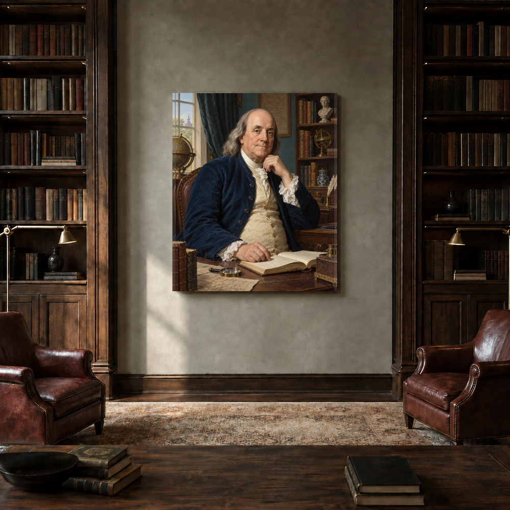 Benjamin Franklin oil portrait in a private library