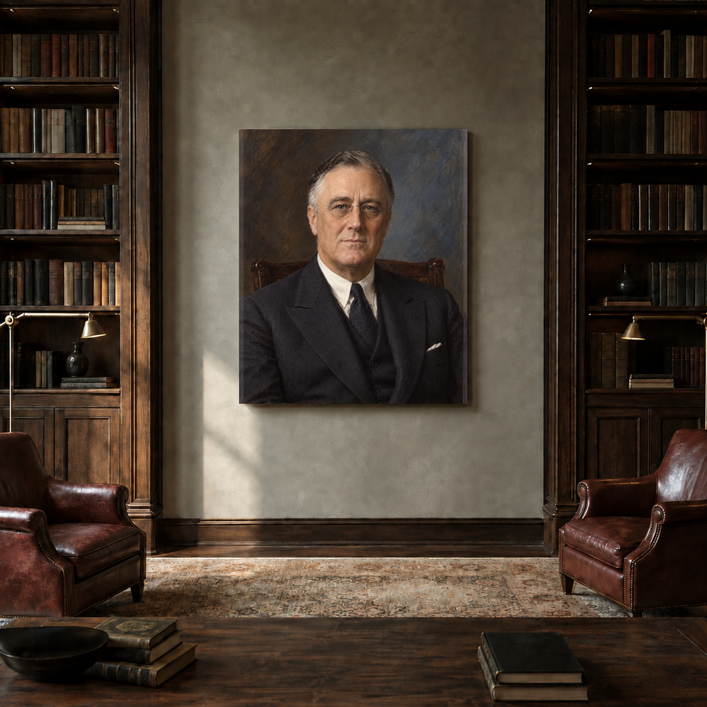 Franklin D. Roosevelt oil portrait in a private library