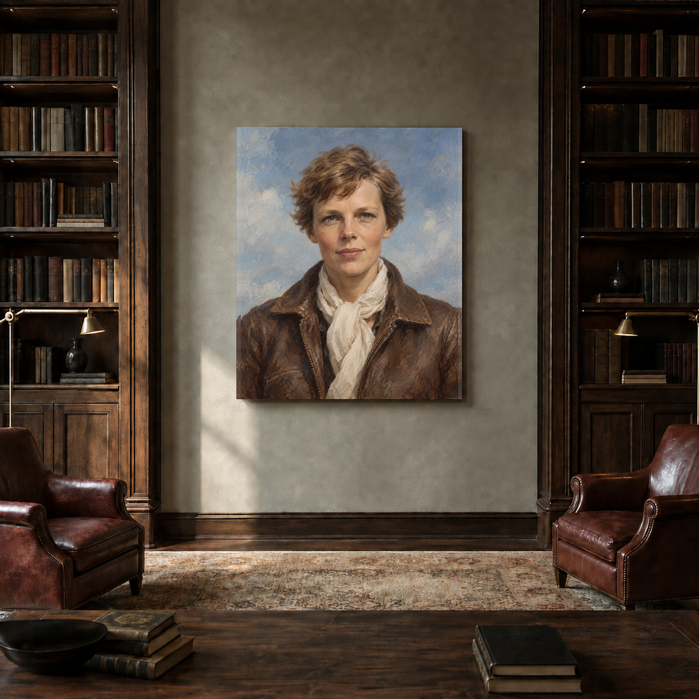 Amelia Earhart oil portrait in a private library