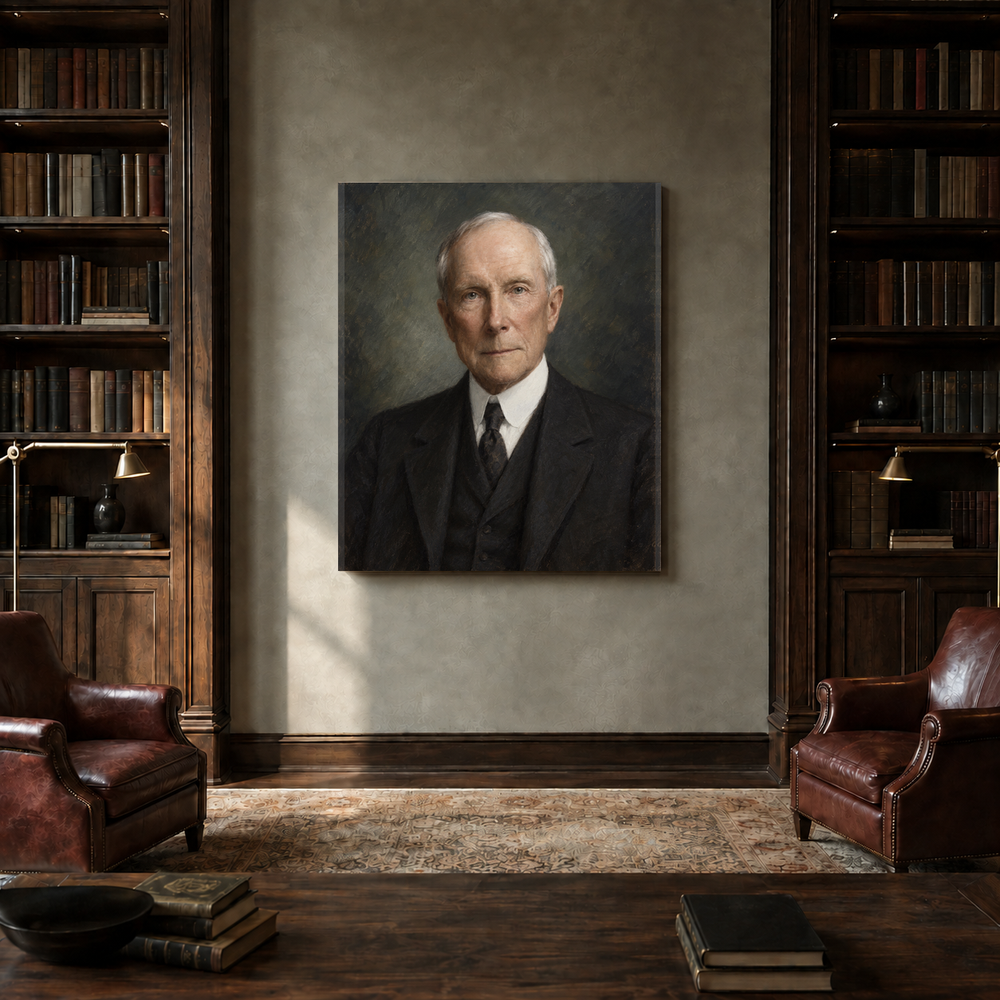 John D. Rockefeller oil portrait in a private library