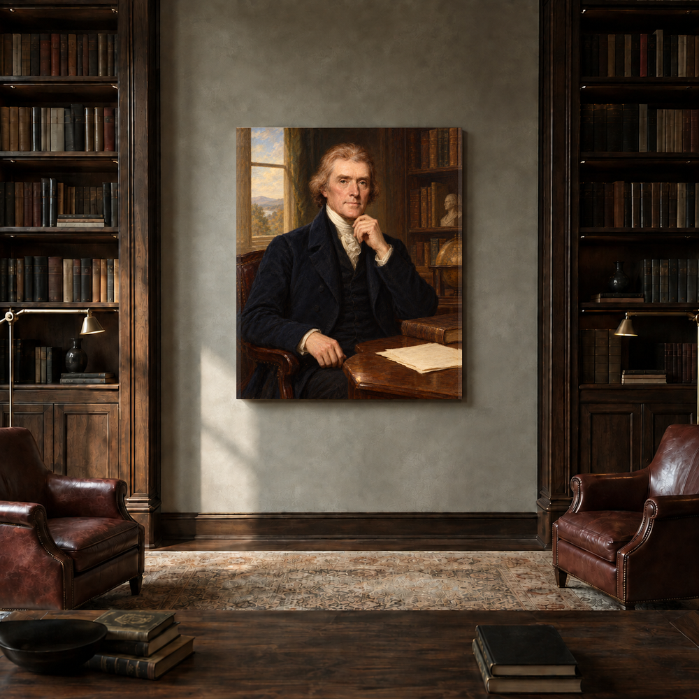 Thomas Jefferson oil portrait in a private library