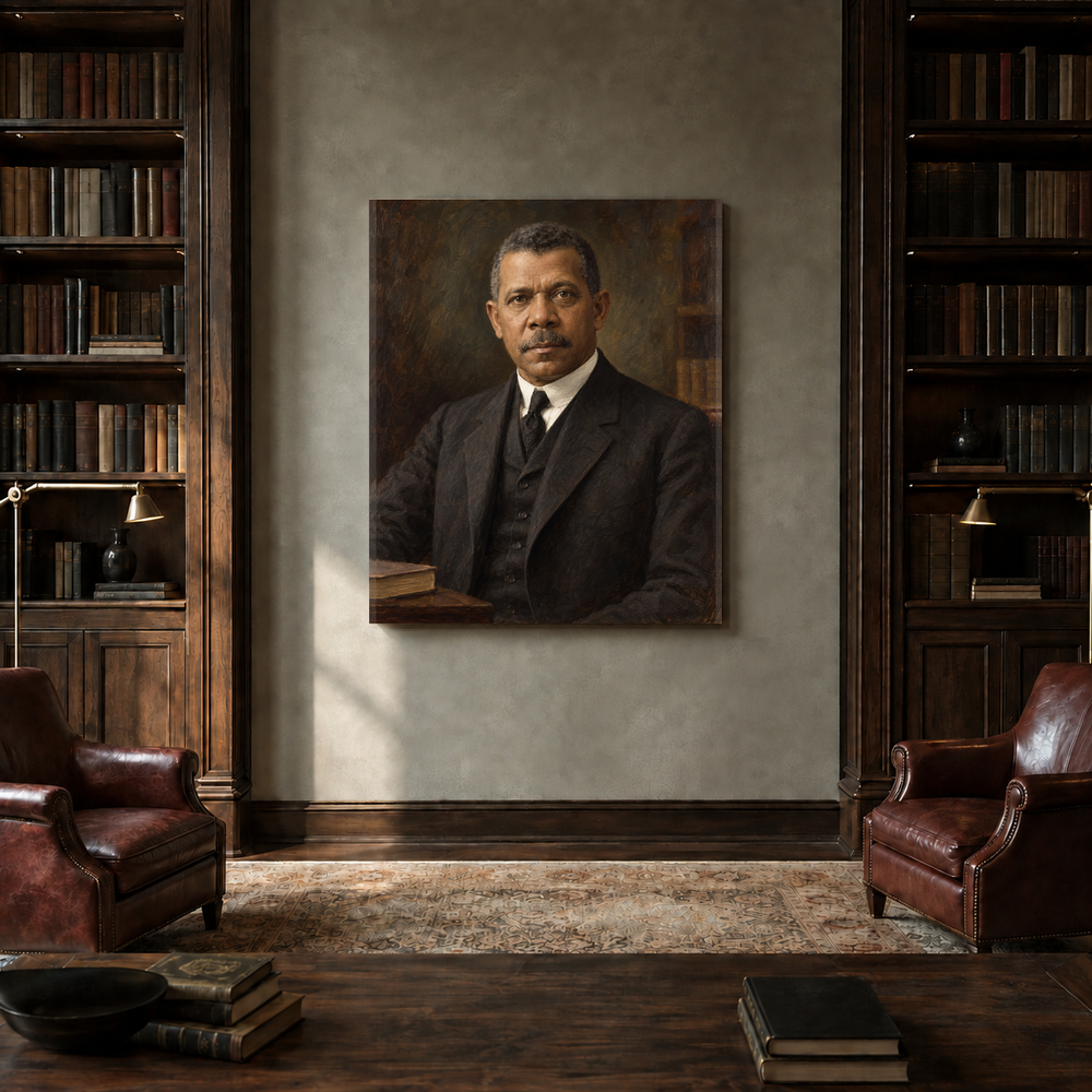 Booker T. Washington oil portrait in a private library
