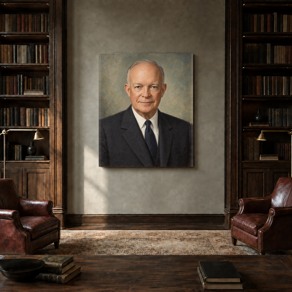 Dwight D. Eisenhower oil portrait in a private library