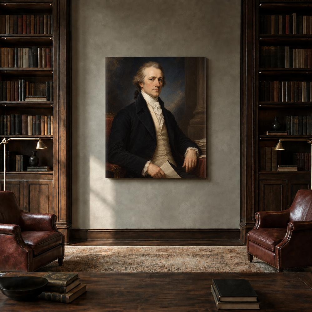 Alexander Hamilton oil portrait in a private library