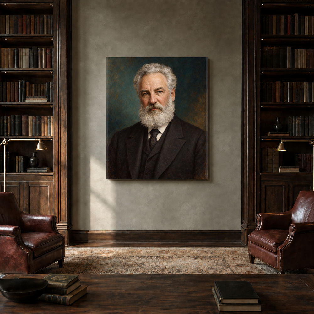 Alexander Graham Bell oil portrait in a private library